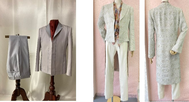 「メンズ和服スーツ」:仙波ゼミ4年 川口太一(左)、「レディース和服スーツ」:仙波ゼミ4年 柴田明依(右)