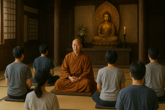 お寺で和尚と座禅をし、その後「死」をテーマに対話します。