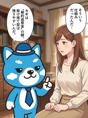 あおちゃんが「カギは解約返戻金の額で、掛け捨て型は残りやすい」と解説し、女性が仕組みを理解する、自己破産で生命保険を残せる基準を示した漫画