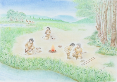【画像１】旧石器時代の法華寺南遺跡の復元画（絵：田中さとこ）