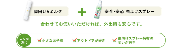 岡田ＵＶミルク + 安全･安心 虫よけスプレー 合わせてお使いいただければ、外出時も安心です。 デリケートな肌の方 肌のケアをしながら虫除けがしたい 虫除けスプレー特有の匂いが苦手