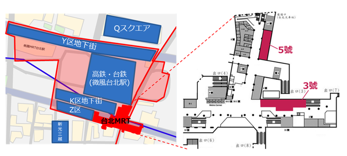 左：台北駅構内位置図　右：区画詳細図