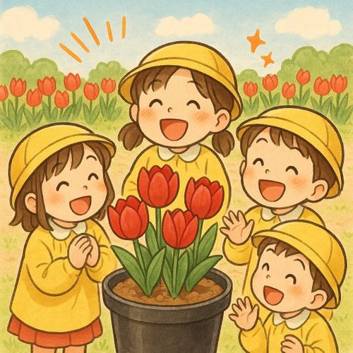 チューリップを囲んで喜ぶ園児たち