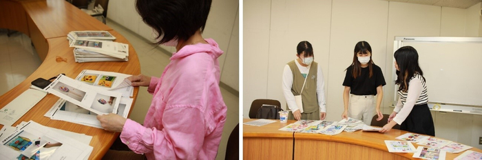 一次選考会で作品選考中のこども学部 船木教授(左)と選考を手伝う学生広報スタッフ