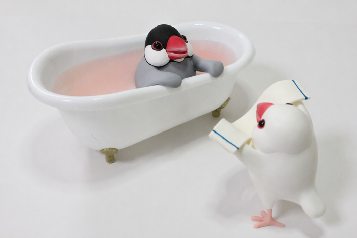 桜文鳥パッケージに使用した、立体造形作家 midonos.の桜文鳥と白文鳥の粘土細工(湯は合成)