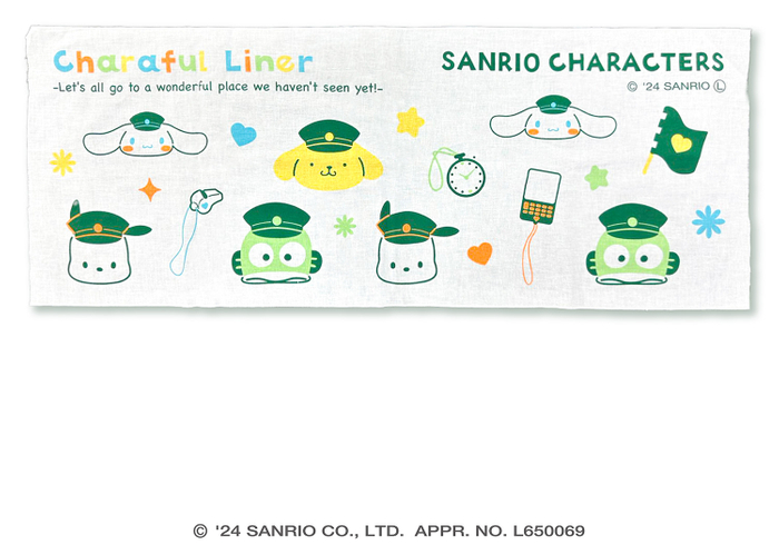 「手ぬぐい MX顔」　駅員の帽子をかぶったサンリオキャラクターと駅員の道具（笛、旗など）を一枚に！