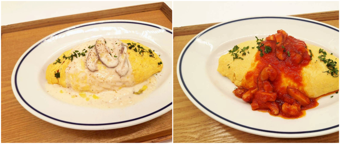 左から) きのこのクリームソース／きのこトマトソース