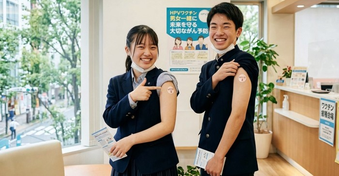 HPVワクチン男女接種の重要性を発信する高校生（AIイメージ）