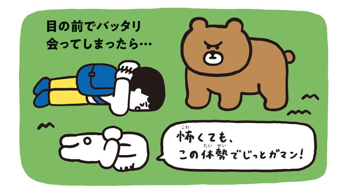 目の前でクマと出会ったら、首を守ってうつぶせに！