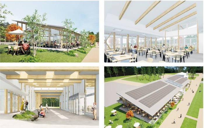 完成イメージ［左上］レスト・テラス席［右上］レストラン・店内席［左下］売店・レストラン間の広場［右下］建物鳥瞰イメージ