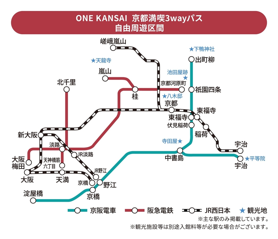 【京阪電車】 「ライナー」「プレミアムカー」をご利用の際は、 別途、ライナー券・プレミアムカー券の購入が必要です。 【阪急電車】 座席指定サービス「PRiVACE」をご利用の際は、 別途、座席指定券の購入が必要です。 【JR西日本】 特急列車や新快速 Aシート(有料座席サービス)を ご利用の際は、別途、特急券や指定席券の購入が必要です。