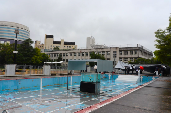 旧内山下小学校の展示会場。右奥がプール、中央が水槽、左側にあるのが展覧会のシンボルとなるAI（人工知能）を搭載した〝しゃべるタワー〟