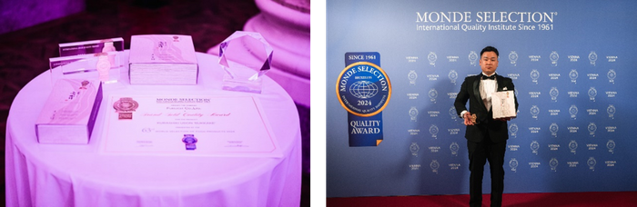 (左上から)国際金賞クリスタル、最高金賞メダル、クリスタル・プレステージトロフィーと　(右写真)ステージに上がる株式会社ふるいち　栗坂 つばさ氏