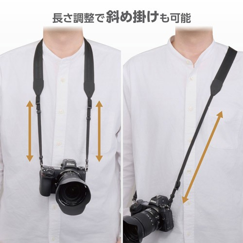 撮影するシーンや服装に合わせて、首掛けや斜め掛けなど最適な長さに調整が可能