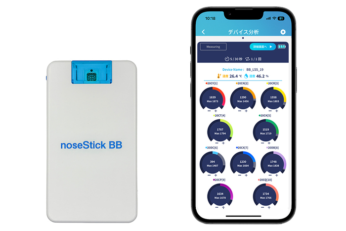 ニオイセンサ「noseStick BB(ノーズスティック ビービー)」(左)とワイヤレスでの計測イメージ