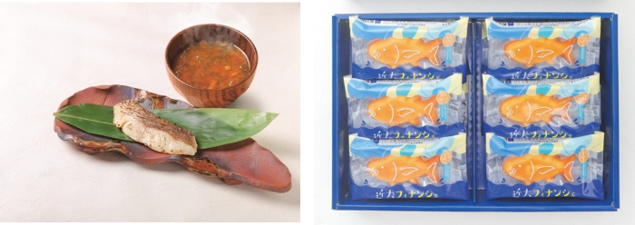 近大生まれマダイ焼味と近大マグロ中骨エキス入りあおさのみそ汁セット（左）、近大フィナンシェ12個入（右）