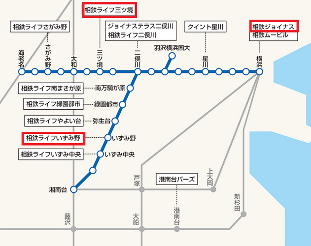 パークアンドライドサービス対象駐車場と相鉄ジョイナスの位置図