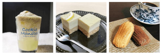 最終候補3作品(左から牡蠣氷、二層仕立ての牡蠣チーズケーキ、牡蠣エキスとはちみつレモンの広島風マドレーヌ)