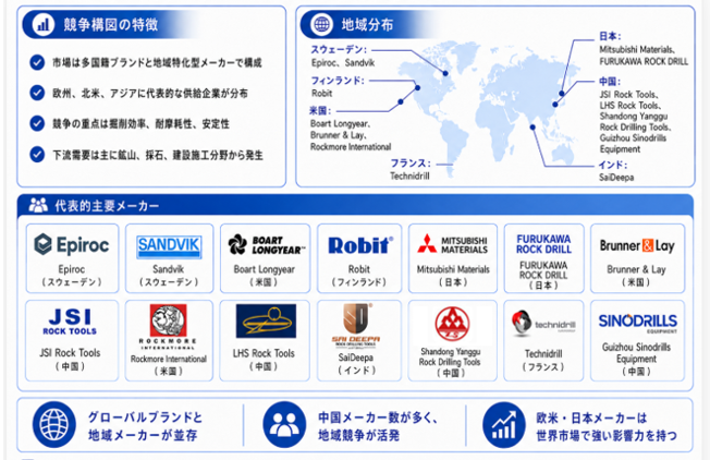図.   世界のトップハンマードリルビット競争構図と主要メーカー