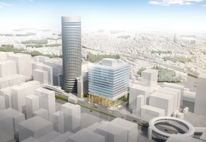 【完成イメージ】　※左が新横浜プリンスホテル、右がマクニカ新社屋（建設予定）