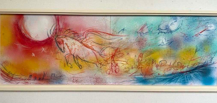 山内若菜　あさひの芸術祭2025クラウドファンディング　リターン作品。93cm&times;33cm、和紙に岩絵具、パステル。緑地公園展示12m作品のためのドローイング。