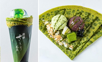 【箱根さとり本店限定】 芦ノ湖お濃茶クレープ 水まんじゅうのせ 1,300円(税込)