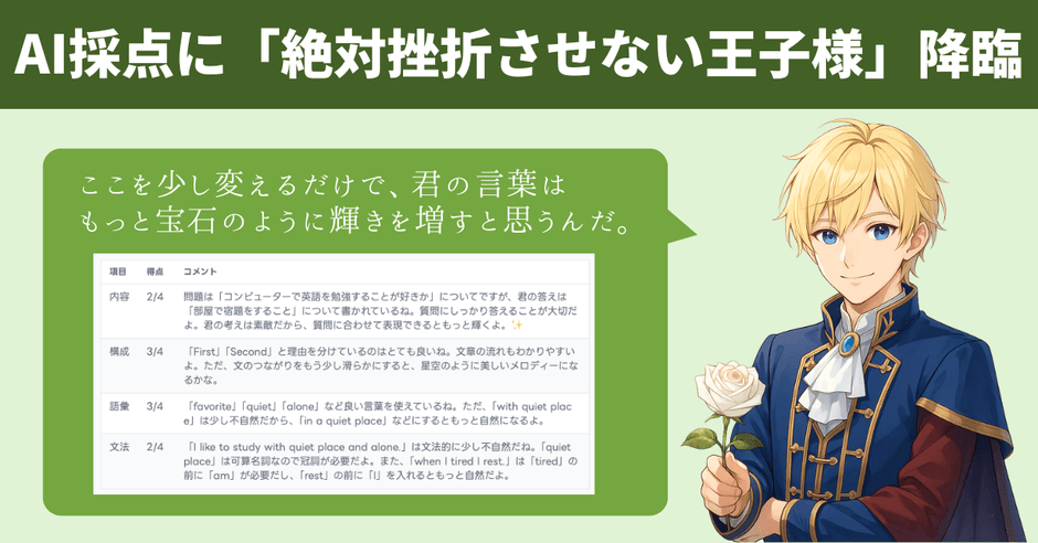 【画像:「王子様」モデルによる、優しく100%味方のフィードバック】