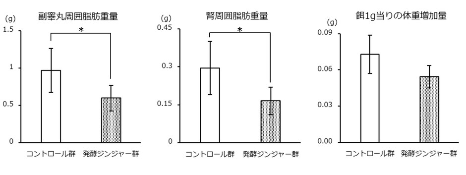 図　内臓脂肪重量と餌1g当たりの体重増加量の比較(*：p＜0.05)