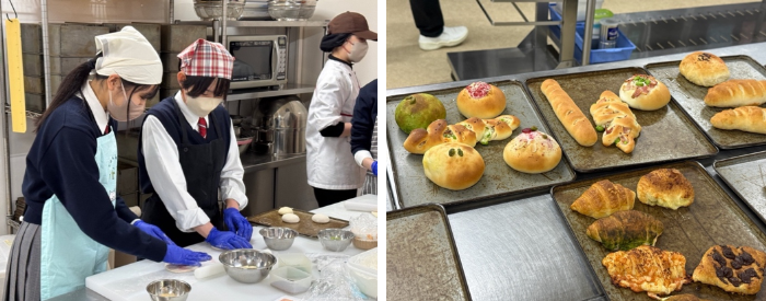 令和8年（2026年）3月の試作の様子（左）・　試作品のパン（右）