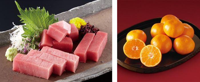 近大マグロセット（左）、近大みかん（右）