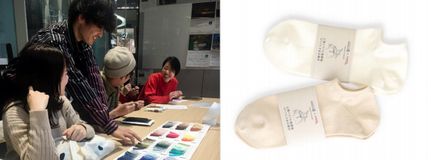 商品の企画を考える学生たち(左)、今回販売する無農薬コットン靴下(右)