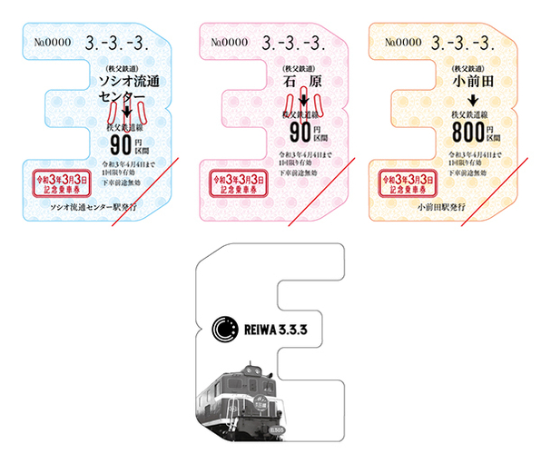 令和3年3月3日記念乗車券 きっぷ(表・裏)イメージ