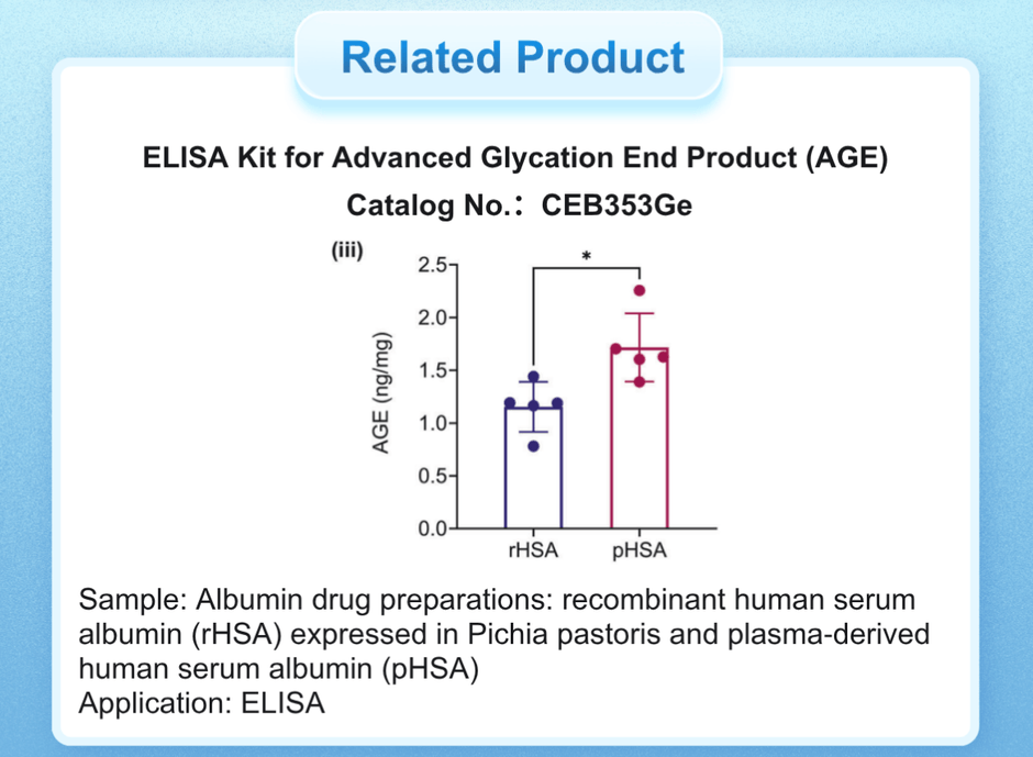 図2　CEB353GeキットによるAGE定量結果。ピキア酵母発現rHSAと血漿由来pHSA製剤中のAGE含有量を比較。