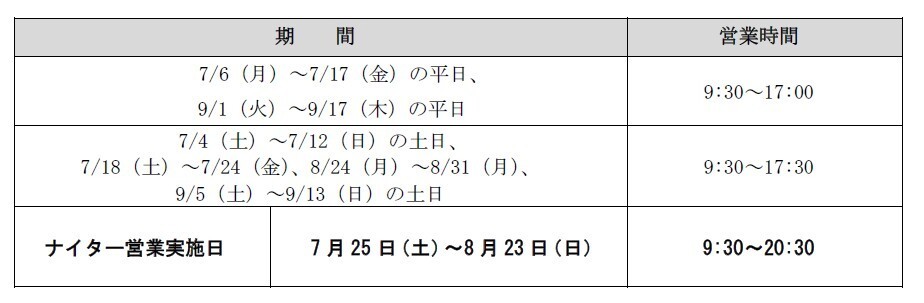夏期の営業スケジュール