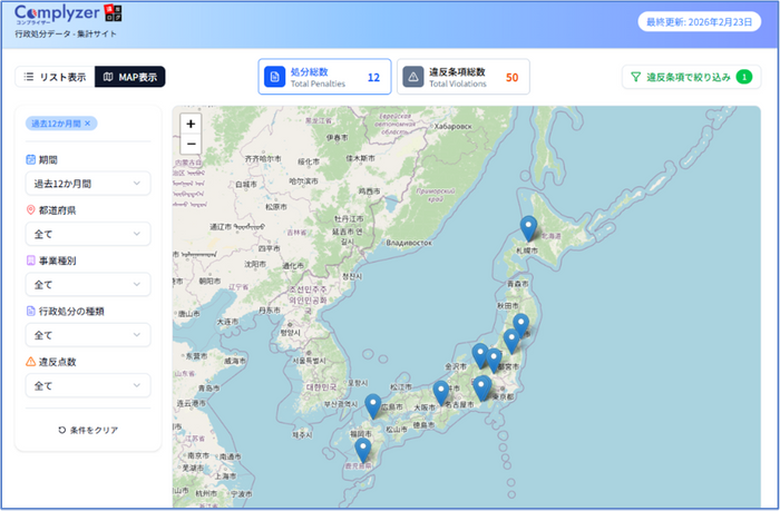 例：過去12ヶ月 &times; 全業種 &times; 酒酔い・酒気帯び運行の業務 で検索、マップで表示