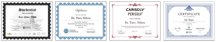 「スウェデンティスト認定証」「イエテボリ大学日本スクーリングディプロマ」「カリエスプロ・ペリオプロ・ソルブプロ認定証」「キャップシステム修了証」