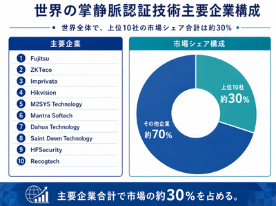 図. 世界の掌静脈認証技術・メーカー上位10社のランキングおよび市場シェア
