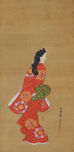 見返り美人図 菱川師宣(ひしかわもろのぶ)筆　江戸時代・17世紀　(画像は修理前のもの)