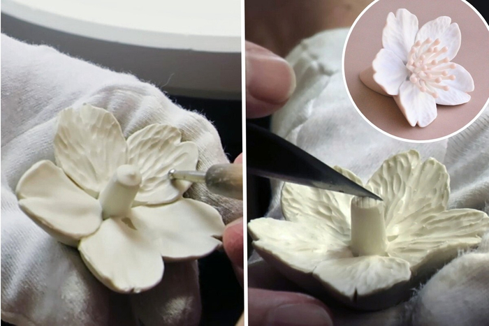 桜の花びらの筋、めしべの1本1本を手作業で制作