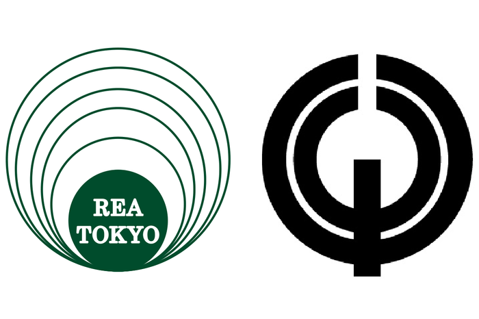 東京都不動産鑑定士協会ロゴマーク(左)、清瀬市市章(右)