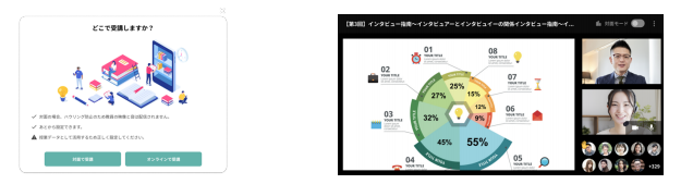 受講前に形式(対面とオンライン)を選択できる(左)、学ぶ場所にとらわれず同一環境での講義受講が可能(右)