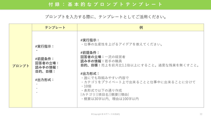 すぐに使えるプロンプトのテンプレートも掲載