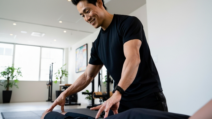 トレーニング前後に身体の状態を確認しながら、関節可動域や筋出力のバランスを細かく調整する指導風景。 EIDOSでは、単なる負荷提供ではなく「なぜ不調が起こるか」まで分析してプログラムを組み立てる。