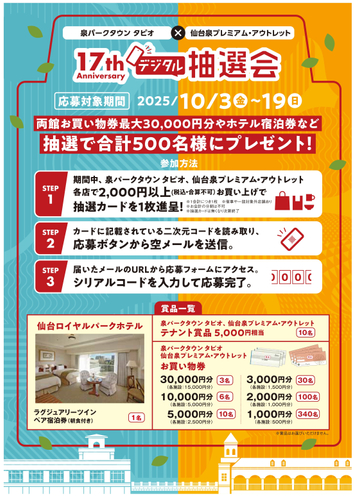 泉パークタウン タピオ&times;仙台泉プレミアム・アウトレット 17th Anniversary デジタル抽選会