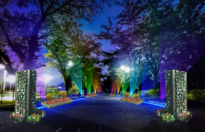 花のプロムナードの虹色ライトアップ（イメージ）