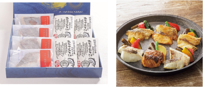 近大生まれマダイ焼味と近大マグロ中骨エキス入りあおさのみそ汁詰合せ（左）、近大生まれマダイ惣菜詰合せ6食（右）