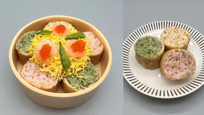 酢飯には白ごま、抹茶パウダー、桜風味パウダーを混ぜ込みました。
