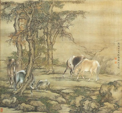 秋渓群馬図 沈銓筆
