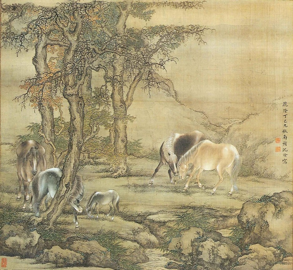 秋渓群馬図 沈銓筆