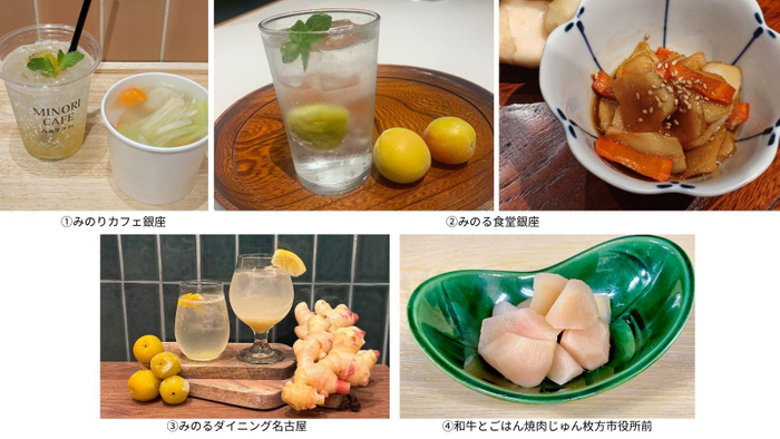 ①南高梅スカッシュ 700円 新しょうがと鶏団子の春雨スープ650円　②和歌山県産南高梅スカッシュ 610円／和歌山県産新しょうがのきんぴら 定食小鉢にて提供 ※単品400円　③南高梅スカッシュ 新しょうがの自家製ジンジャーエール 各605円　④新しょうがの甘酢漬け 食べ放題・単品319円